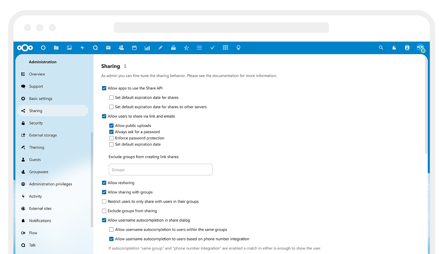 Nextcloud Hub 4 admin sharing settings
